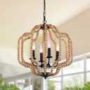 17.7" Boho Wood Beaded Chandelier, Farmhouse Rustic Pendant Light Fixture with Adjustable Chain, 4-Light Dimmable for Bedroom, Dining Room, Kitchen, Nursery, Entryway, Living Room, Hallway, Girls Room