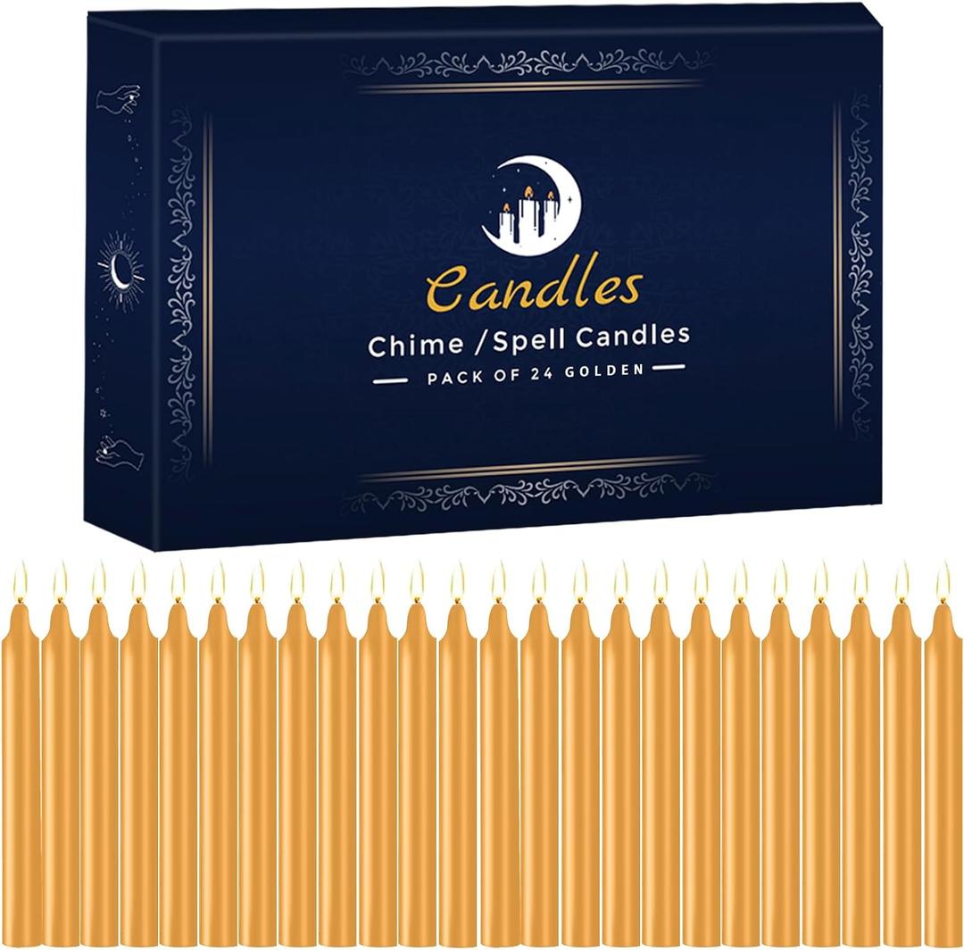 24 Pack Golden Spell Chime Candles  Premium Mini Unscented Taper Candles for Rituals, Prayer, Meditation, Altar, Spells  4" Tall  Ideal for Witches & Spiritual Practices