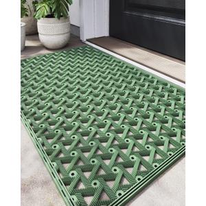 DEXI Front Door Mat Outside Entrance, 19x30 Welcome Rubber Doormat Waterproof, Drainage Heavy Duty Entry Mats with Non Slip Backing, Low Profile Dirt Trapper for Patio Entryway, Green