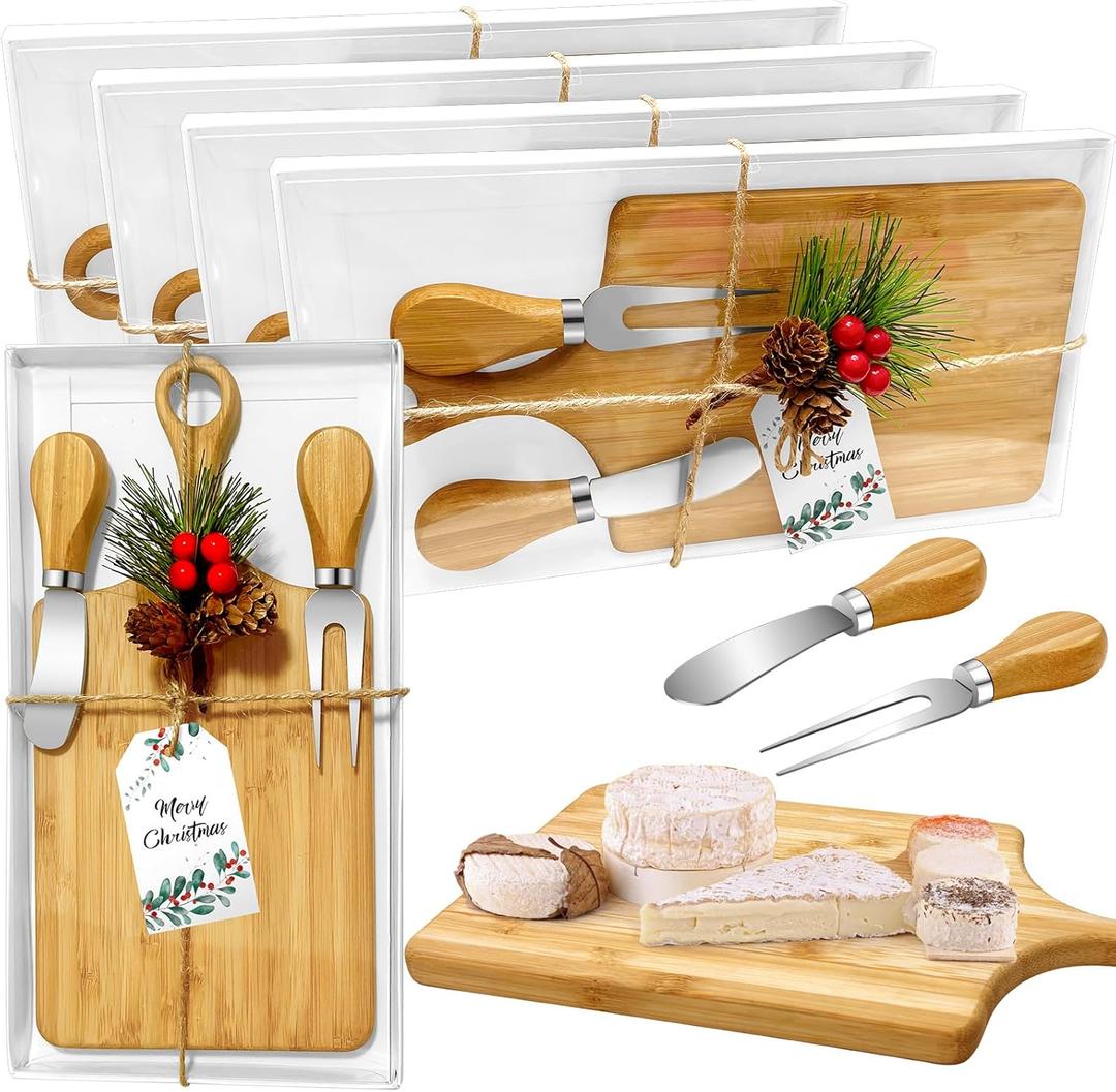 4 Pcs Christmas Gifts Bridal Shower Favor Bamboo Wooden Square Cheese Board Gift Set Cheese Knives Mini Cutting Board Bulk Set Tags and Boxes Christmas Party Birthday