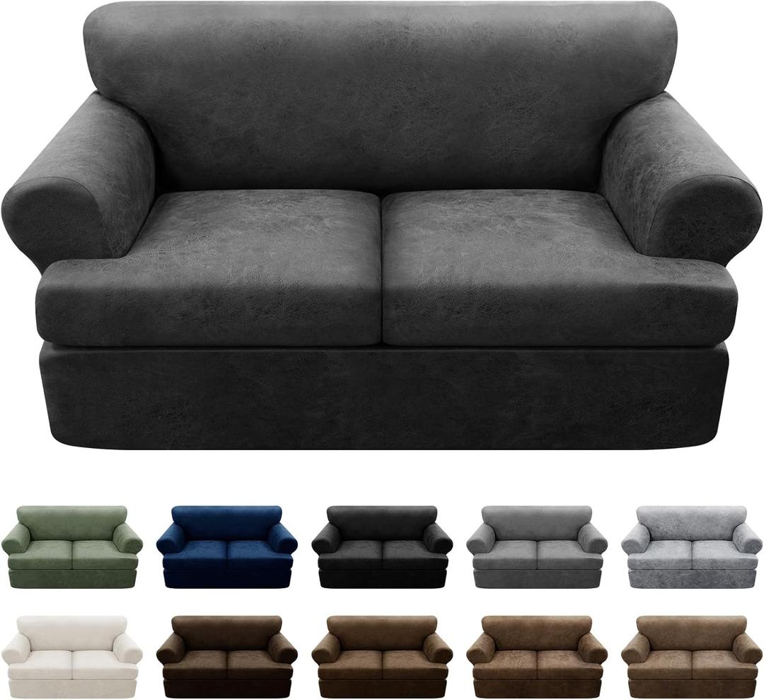 3-Pieces T Cushion Loveseat Slipcovers Leather Look Couch Cover Loveseat Covers for 2 Cushion Couch Furniture Protector Stretch Sofa Cover with 2 Individual T Cushion Seat Covers, Dark Grey