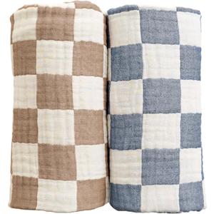 Ultra Soft Checkered Muslin Baby Blanket Pack of 2 Cotton Swaddles Bed Blankets for Babies and Toddlers Boys Newborn 42 x 42 inches (Blue and Coffee)