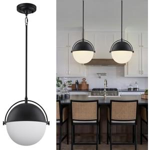 LOZOHOM 11.4inch Black Globe Pendant Lights, Mid Century Pendant Lights Kitchen Island with Milk Globe Glass Shade Adjustable Hanging Rod 1 Light for Dining Room Kitchen
