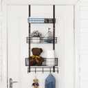 Over The Door 3 Tier Hanging Kitchen Storage Rack Heavy Duty Pantry Organizer with 3 Baskets and 5 Hooks - Metal Wire Basket for Kitchen, Bathroom, Office - Brown