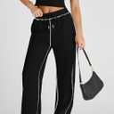 Herseas High Waisted Sweatpants for Women 2025 Fall Wide Leg Contrast Stitching Drawstring Loose Lounge Jogging Pants (Black, L)