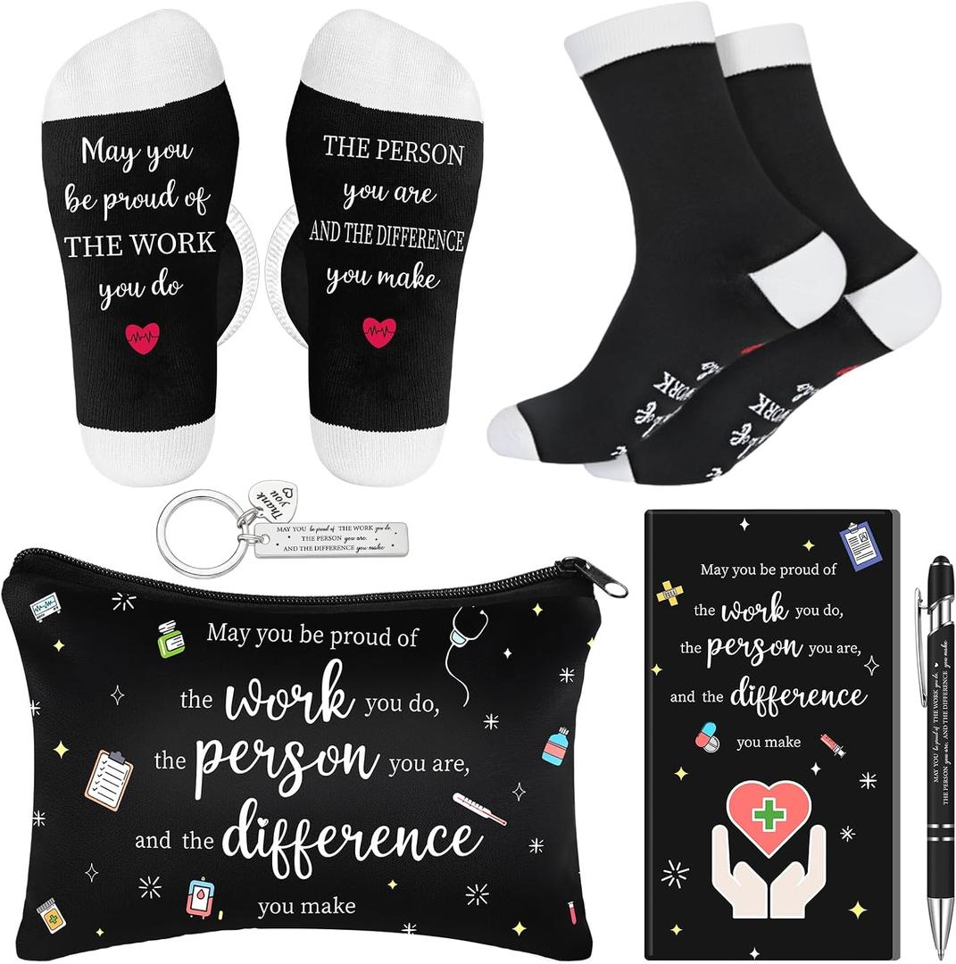 5 Pack Nurse Appreciation Gifts Set for Women May You Be Proud of The Work You Do Nurse Appreciation Makeup Bag Socks Pen Keychain Notebook Gifts for Nursing Assistant Graduation Party Favors