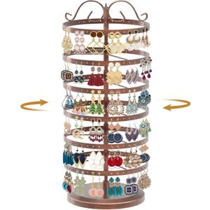MODOWEY Rotating Earring Holder Organizer Stand, 6 Tier Large Capacity Jewelry Display Tree for Women Vendors, 264 Hole Adjustable Metal Rack for Stud Hoop Dangle Storage, Spin for Easy Access, Bronze (Copper)