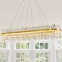 Gold Led Modern Crystal Chandelier, Rectangle Linear Dining Room Chandelier | 52" Large Luxury Rectangular Dining Room Light Fixture over Table,3 Color Dimmable Contemporary Chandelier for Living Room