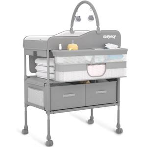 Baby Changing Table, Versatile Folding Changing Table, Waterproof Diaper Changing Station, Adjustable Height with 2 Drawers,Baby Changing Station, Mobile Nursery for Infant and Newborn (Light Grey-changing Table)