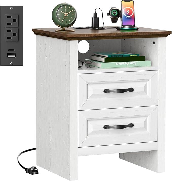 Marsail Nightstand for Bedroom, Night Stand with Charging Station, Bedside Table with 2 Drawers & Open Shelf, Farmhouse End Table Storage Cabinet, Wood Beige
