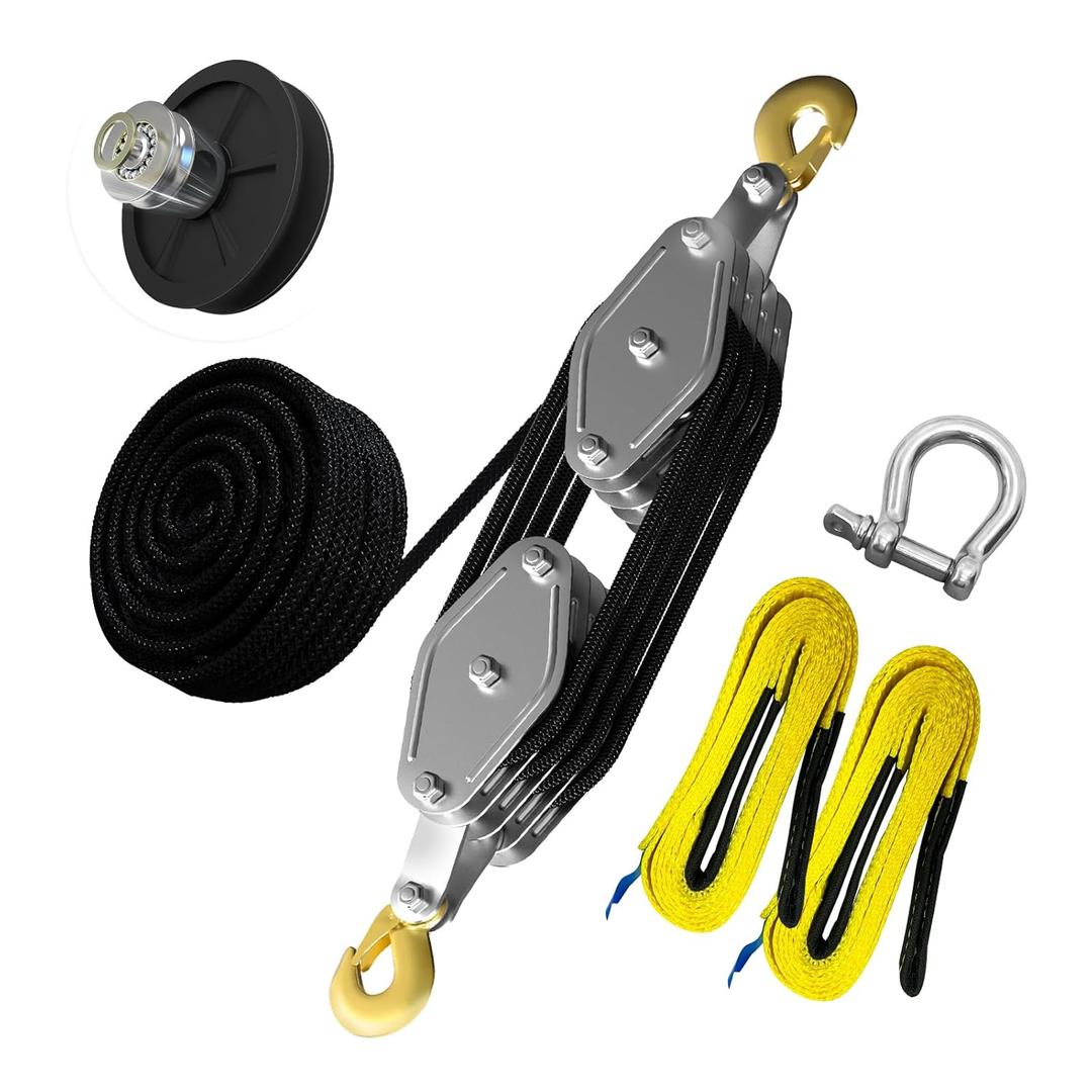 Upgraded Rope Hoist Pulley System, 4400LBS Block and Tackle with 304 Stainless Steel Shackle 2PCS Lift Sling, 8:1 Power 65ft Heavy Duty Pulley Block for Lifting Garage Warehouses Building (black)
