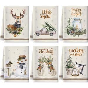 Geyoga 6 Pcs Christmas Kitchen Towels Snowman Christmas Dish Hand Towels Absorbent Xmas Truck Reindeer Vintage Tea Dishcloths for Winter Holiday Bathroom Decor Housewarming Gifts, 16 x 24 Inch (Classic Colors)