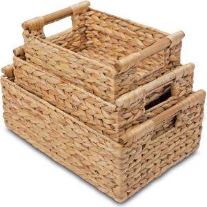 VATIMA Hyacinth Wicker Basket Set 3 size - Rectangular, Wooden Handles, Shelf Organizer, Natural Bins (1 Small, 1 Medium, 1 Large)
