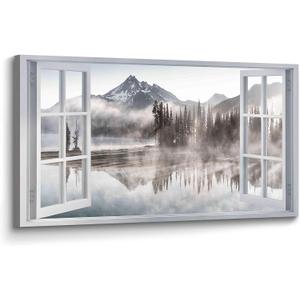 the stream design Window Lake Canvas Wall Art: Landscape View Picture Relaxing Misty Nature Scene Painting Living Room Bedroom Foggy Mountain Forest Artwork Home Print Decor