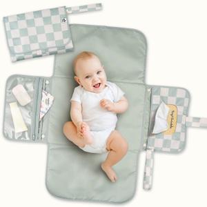 Tiny Twinkle Portable Diaper Changing Pad | Foldable, Waterproof & Compact Travel Changing Mat with Storage | Smart Wipes Pocket for On-The-Go Parents | Newborn Shower Gift (Sage Checkers)
