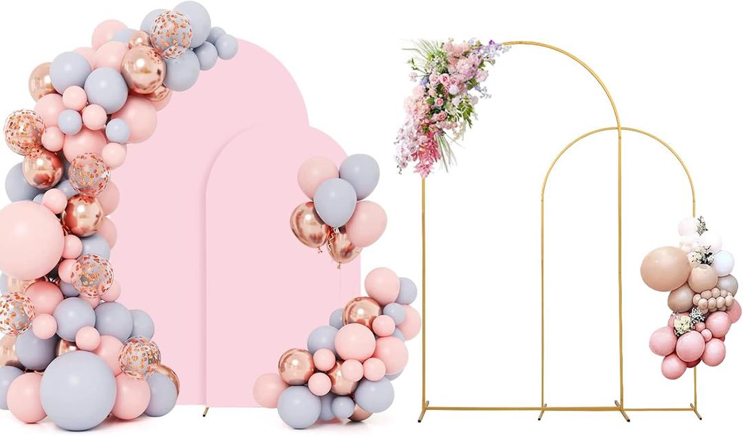 SuuWoee Metal Arch Backdrop Stand Set of 2 With Pink Cover (7.2FT+6FT) Gold Wedding Arch Stand Balloon Arched for Birthday Party Baby Shower Graduation Ceremony Decoration