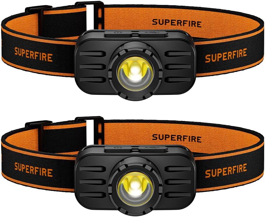 SuperFire Rechargeable HeadlampZoom Lightweight Head Lamp,LED Headlamp Rechargeable,Head Flashlight for Running Fishing Hiking Camping, Outdoor (2, Orange)