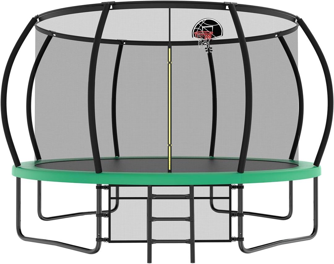 10 12 14 15 16FT Outdoor Trampolines for Kids and Adults, Pumpkin Trampoline with Curved Poles, Recreational Trampoline with Basketball Hoop and Safety Enclosure Net for Kids and Adults (Sage Green)