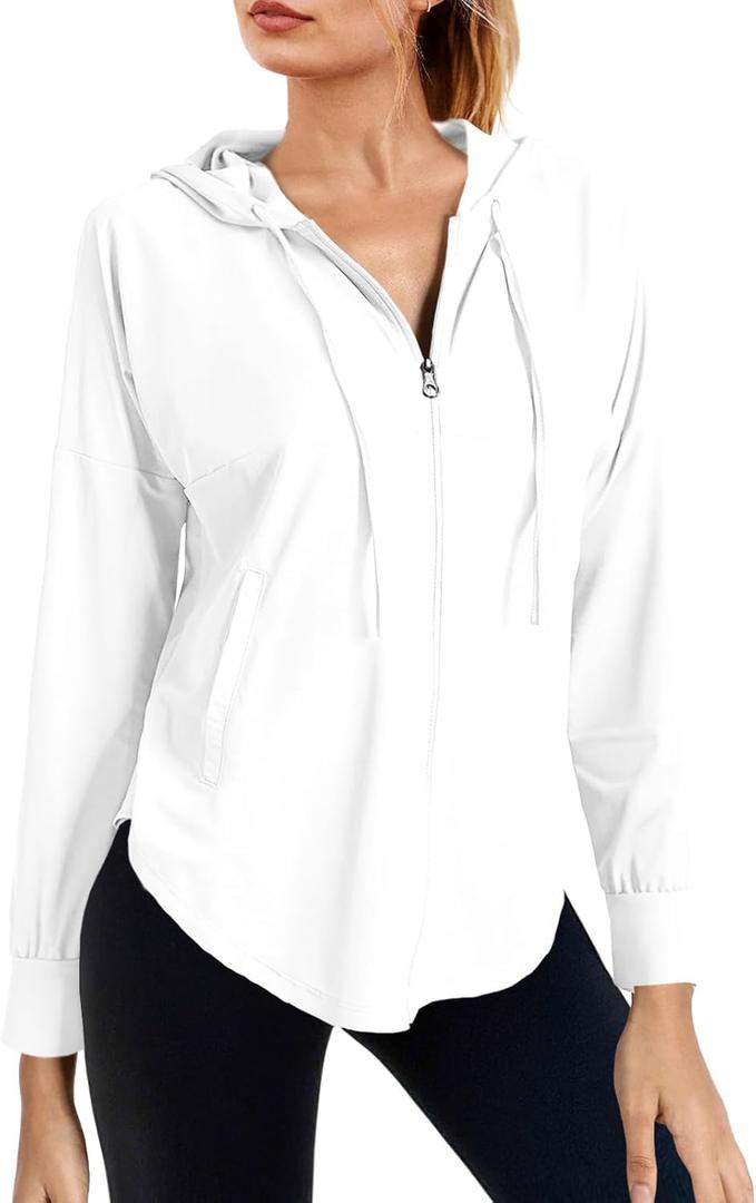 Fisoew Womens Athletic Jacket Hoodie Zip Up Cropped Lightweight Jackets UPF 50+ Sun Protection Long Sleeve Workout Shirt L