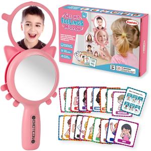 See My Feelings Mirror,Shatterproof Mirror for Kids,Social Emotional Learning Emotion Flash Cards,Autism Learning Materials,Anger Management Toys,Calm Down Corner Supplies for Classroom &Home (Pink)