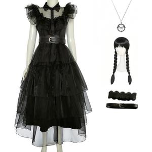 Halloween Women Black Gothic Tulle Cosplay Dress Party Ruffle Layered Prom Dance Costume Belt Necklace (XX-Large)