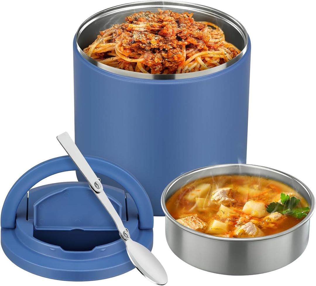 40oz Insulated Food Jar-Say Goodbye to Spills&Cold Meals| QuickLift Airtight Leak-Proof Lid Thermo for Hot Food, Wide Mouth Soup Thermos Lunch Box Container Adults| Stainless Steel with Folding Spoon (Blue)