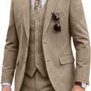 Brown Mens Tweed Suit 3 Pieces Bussiness Wedding Suit Slim Fit Formal Prom Wool Suit for Men Tuxedos Set Beige M