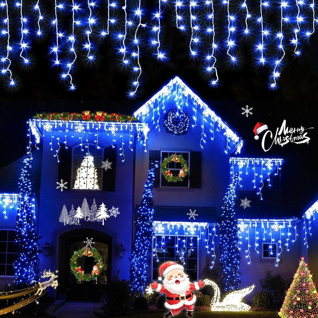 QITONG Blue Icicle Christmas Lights, 33ft 400 LED Icicle Light for Outside Plug in with 8 Modes, Clear Wire Connectable String Light Indoor Plug in