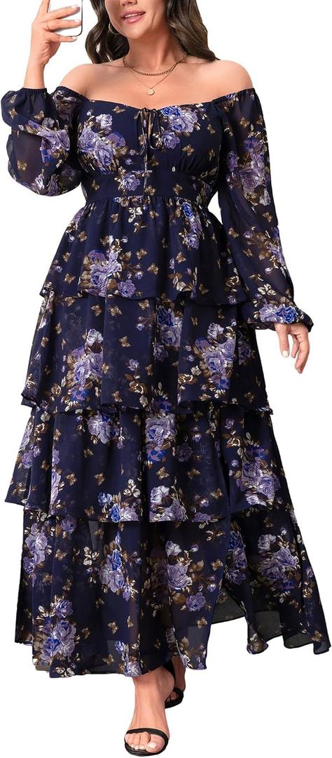 EYWOL Womens Plus Size Floral Tiered Ruffle Long Sleeve Evening Party Wedding Guest Dress, XXL