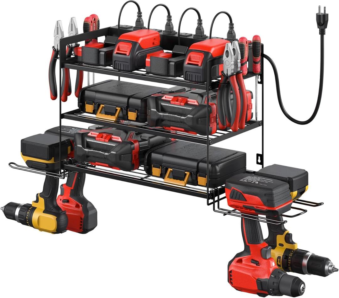 CCCEI Garage Tools Storage with Charging Station. Power Tool Battery Organizer Utility Shelf with Power Strip. 4 Drills Holder Wall Mount Rack, Black 3 Layer. (Small)