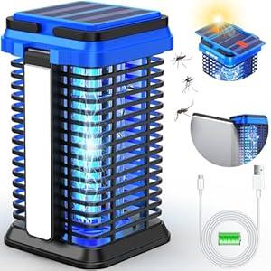 Rechargeable Solar Bug Zapper Outdoor & Indoor, Mosquito Fruit Fly Trap, Gnat Moths Catcher, 4200V Grid, USB Charging, 5000mAh Battery, Fit for Home, Kitchen, Backyard, Camping, Patio (Blue)