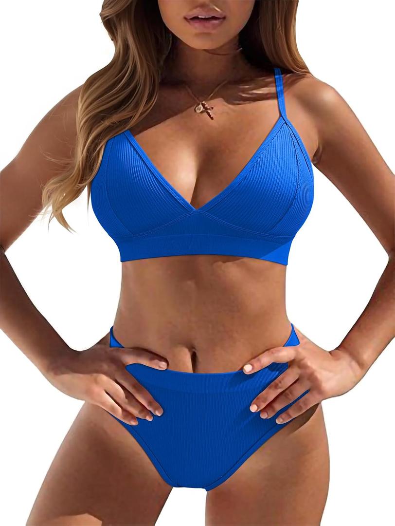 OQQ 2 Piece Bikini Set V Neck Popular Swimsuit High Waisted 2026 Summer Beach Swim Bathing Suits (Blue, S)