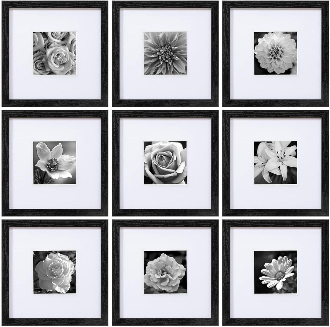 eletecpro 10x10 Picture Frames Set of 9 Classic Gallery Wall Frame Set, Displays 5x5 or 10x10 without Mat, Black Picture Frames Collage Wall Decor, Square Frames for Home Decor