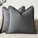Foindtower Set of 2 Decorative Linen Fringe Throw Pillow Covers Cozy Boho Farmhouse Cushion Cover with Tassels Soft Accent Pillowcase for Couch Chair Sofa Bed Living Room Home Decor,1818 Inch,Gray (Grey)