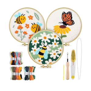 TINDTOP 3 Sets Punch Needle Kits, Flowers Punch Embroidery Kits for Adults Beginner, Tool with Punch Needle Fabric, Hoops, Yarns and Sewing Needles