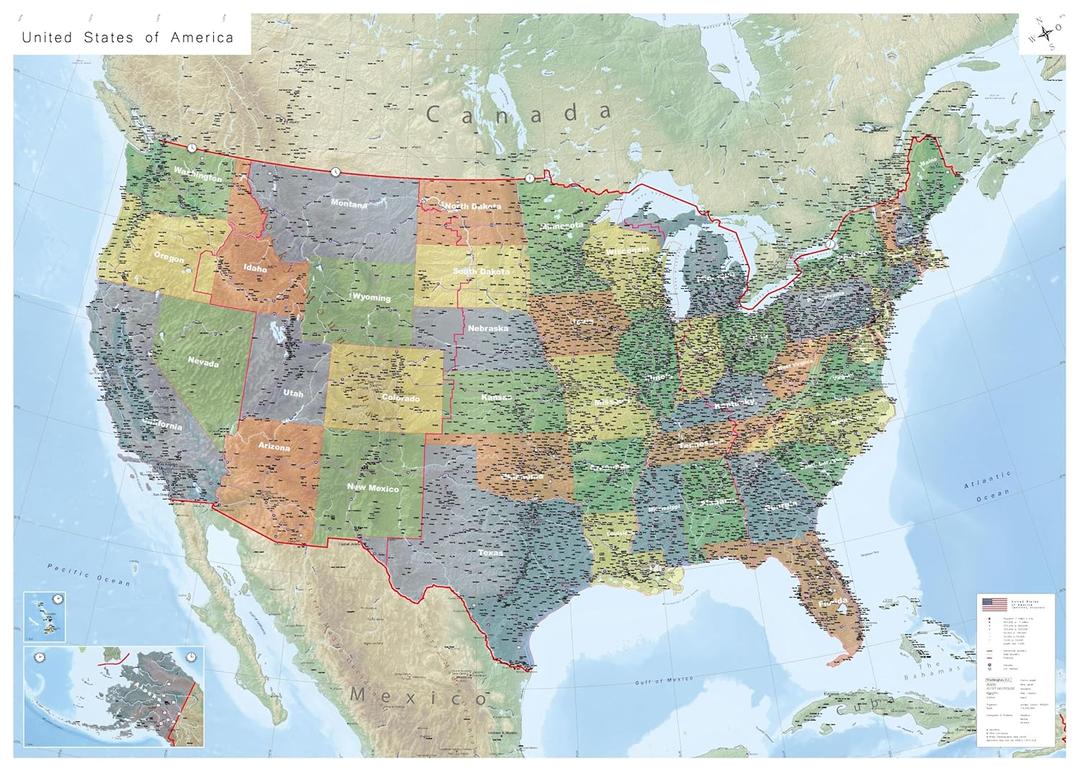 GeoMetro - Large Wall Map of the United States (39 x 55 inches) Full Lamination, all 50 States, Timezones, Interstates