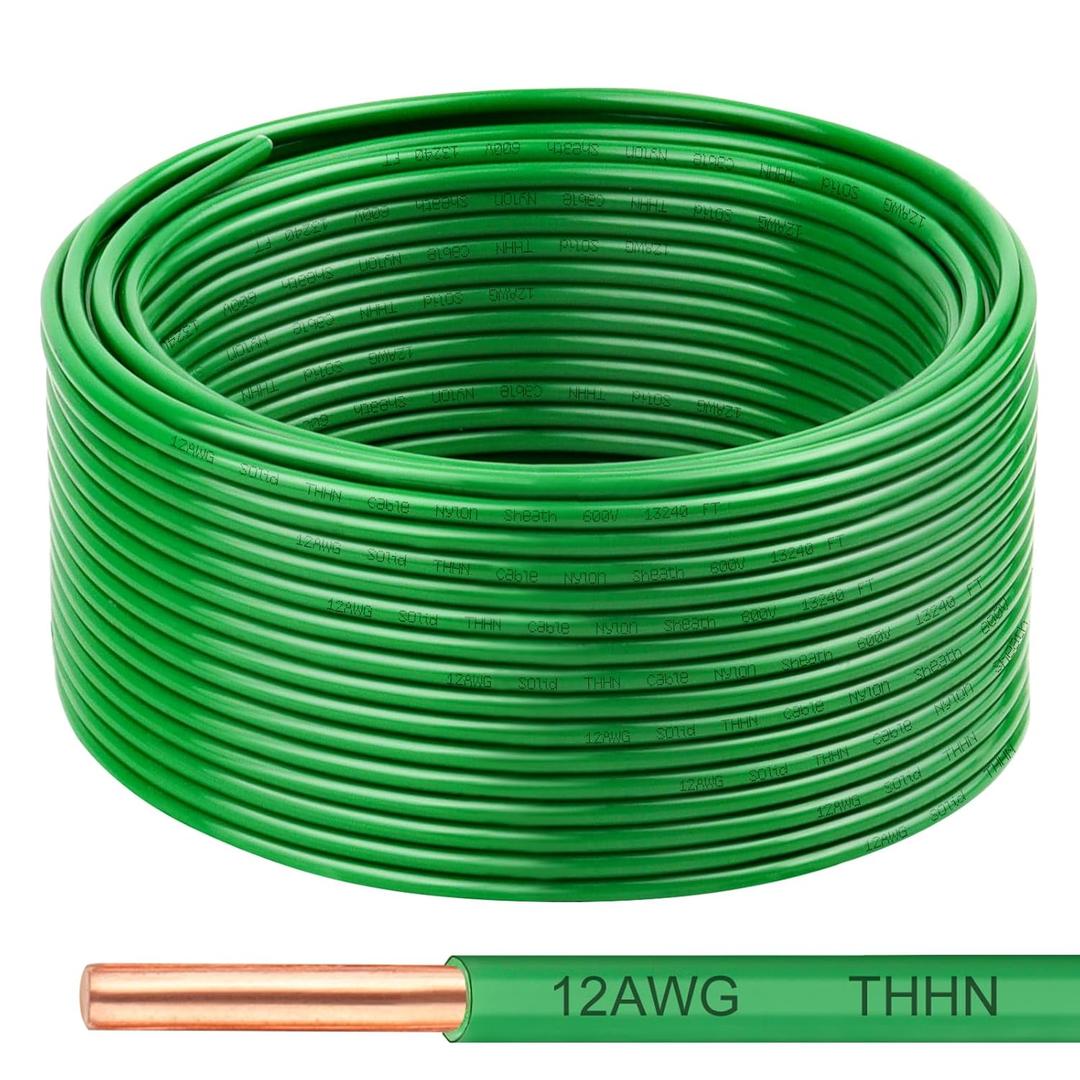 THHN Wire 12 Gauge 100 FT, 12 AWG Solid OFC Copper Electrical Building Wire with Nylon Jacket PVC Insulation, Rated 600V for Residential, Industrial, CNC, Ground (12 Gauge, Green)