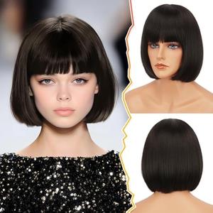BARSDAR Short Brown Bob Wig with Bangs - Dark Brown Short Bob Wig with Bangs for Women - 12 Inch Chin-Length Natural Looking Synthetic Hair Replacement Party Halloween Mathilda Costume Dora Wigs