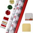 LaRibbons Christmas Wrapping Paper Sets, Classic Truck & Plaid & Cardinal Design with Ribbons & Gift Tags & Metallic Pom Pom for Christmas, Holiday, 30Inch × 10Feet（ 4 Rolls: 100 Sq.Ft.Ttl）