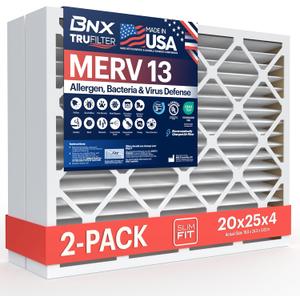 BNX TruFilter 20x25x4 (19.5 x 24.5 x 3.63 Slim Fit) MERV 13 Air Filter (2-Pack) - MADE IN USA - Air Conditioner HVAC AC Furnace Filters Health, Allergies, Mold, Bacteria, Smoke, MPR 1900 FPR 10