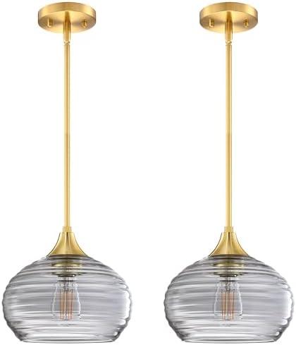 RAINLIGHTING 2 Pack 1 Light 8" Kitchen Island Hanging Pendant Light Farmhouse Dining Grey Glass Shade Light Fixture,Brushed Bronze Finish for Bathroom,Over Sink