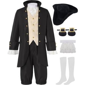 Kids Colonial Costume Boys 18th Century America Cosplay Costume with Hat (9-10 Y, Black)