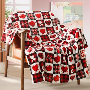 Valentine's Day Gift Blanket for Mom, Wife - Red Pattern Throw for Couch, Sofa or Bed - Decorative Plaid Luxury Flannel Lap Blanket - Super Cozy Comfy (50" x 60")