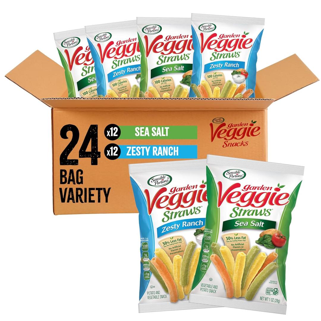 Sensible Portions Garden Veggie Snacks - Veggie Straws, Snack Size Variety Pack, Sea Salt & Zesty Ranch, 1 Oz (Pack of 24) (Best By: 27 JUL 26)