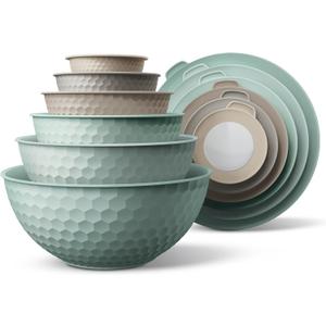 COOK WITH COLOR Mixing Bowls with Lids - 12 Piece Plastic Nesting Bowls Set includes 6 Prep Bowls and 6 Lids, Microwave Safe Mixing Bowl Set, Mint Embossed
