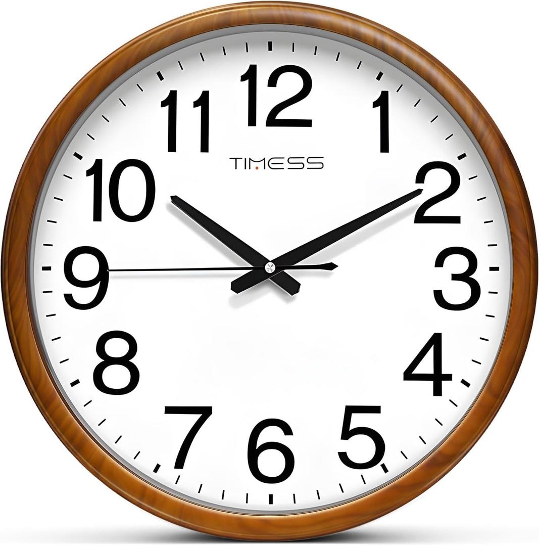 TIMESS Wall Clock, Classic Wood Style Finish, 18 Inch Non-Ticking Silent Battery Operated Analog Clock, Ideal Retro Decor for Home, Bedroom, Living Room, Kitchen, Bathroom, Office(Wood Yellow)
