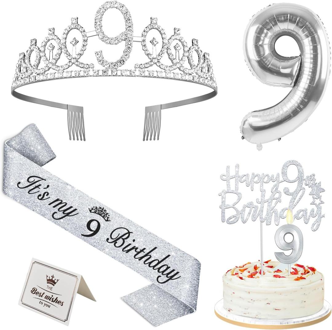 9th Birthday Decorations for Girls Silver with 9th Birthday Sash and Tiara, Cake Topper and Candle, Silver Number Balloon, 9 Year Old Gifts for Girls