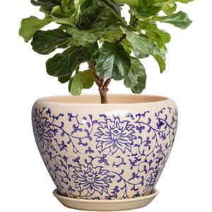 Ceramic Pots for Plants 10 Inch - Indoor Flower Pots with Drainage Hole and Tray, Decorative Pot for Indoor Outdoor Plants, Round Planters, Bathroom Decor, Gifts for Men Women, Retro Blue