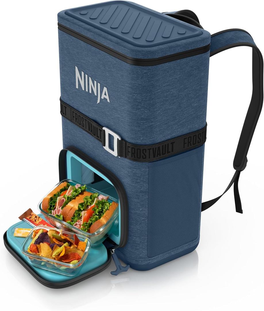 Ninja | Backpack Cooler | FrostVault Go 24 Can Soft Cooler | Leakproof Zipper with Built in Can Opener, 2 Ice Packs & Dry Storage Drawer | for Hiking, Camping & More | Lakeshore Blue | FF124NV