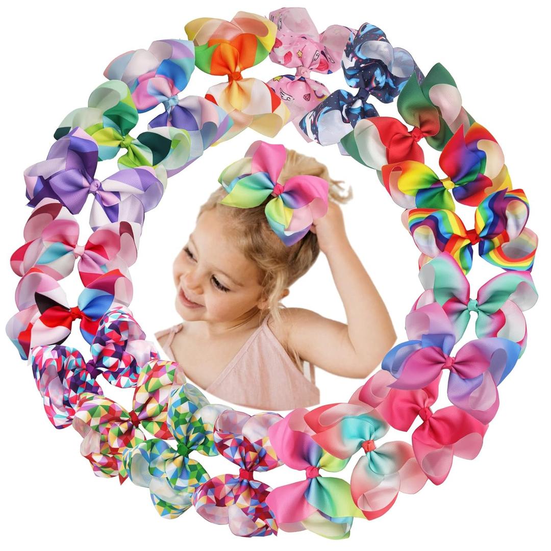 20 Colors 6Inch Large Big Hair Bows Grosgrain Ribbon Rainbow Alligator Clips Unicorn Hair Accessories For Baby Girls Toddlers Kids Children Teens Multi-colored